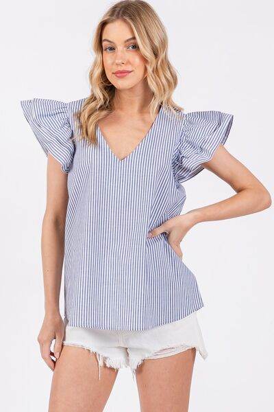 Ces Femme Striped V-Neck Ruffled Cap Sleeve Blouse - Hovatok