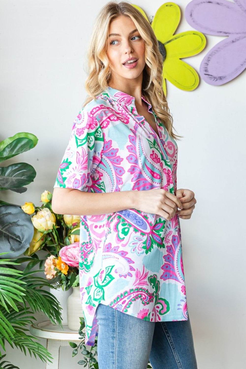 Heimish Full Size Paisley Print Short Sleeve Top - Hovatok