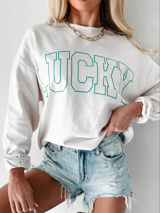 LUCKY Graphic Round Neck Long Sleeve Sweatshirt - Hovatok