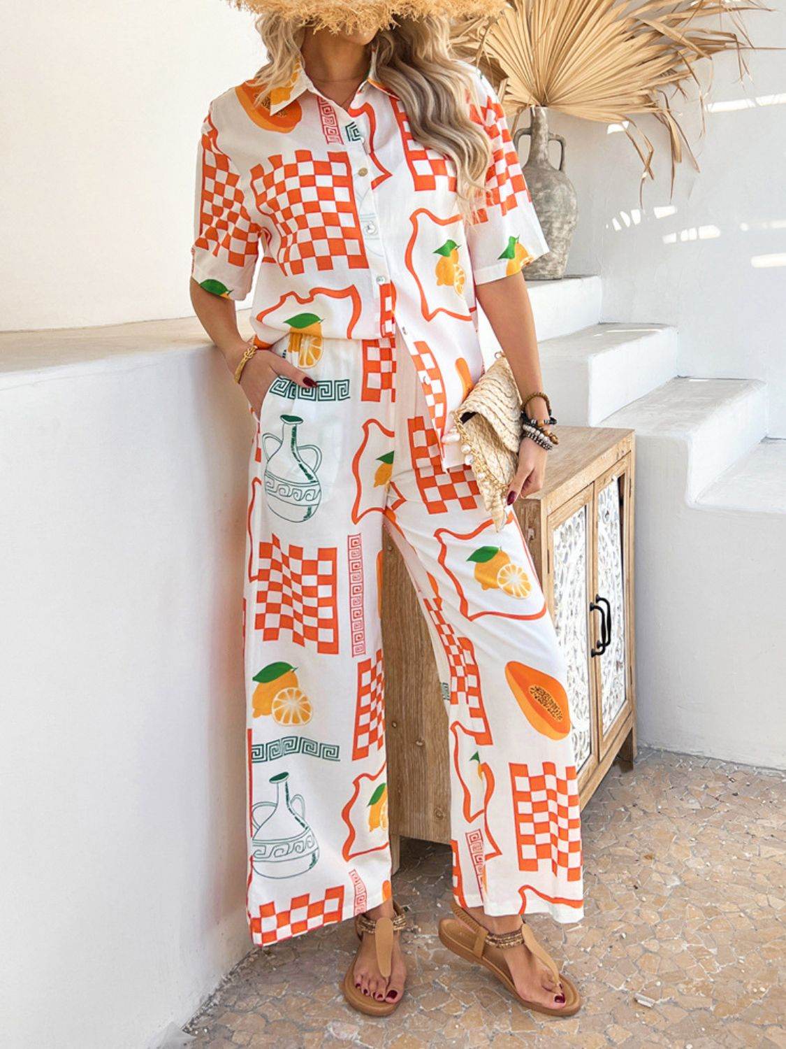 Devine Printed Collared Neck Half Sleeve Top and Pants Set - Hovatok