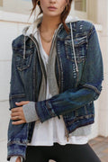 Fake Two-Piece Hooded Zip-Up Denim Jacket - Hovatok