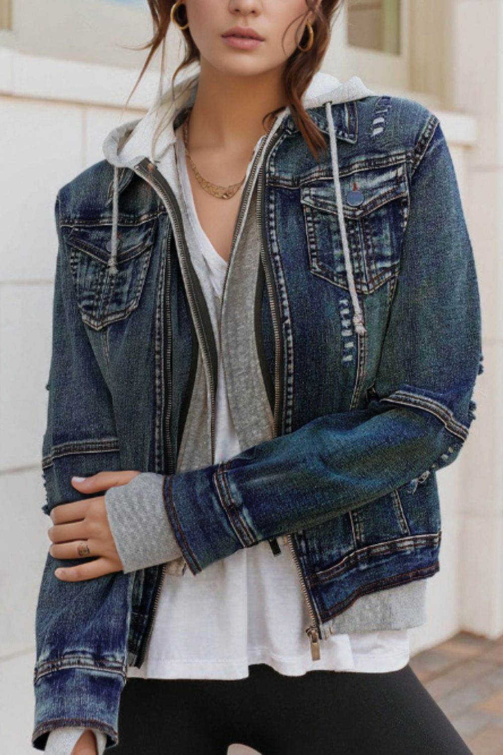 Fake Two-Piece Hooded Zip-Up Denim Jacket - Hovatok