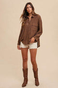 Annie Wear Openwork Button Down Drop Shoulder Shirt - Hovatok