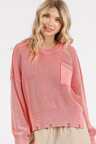 Mittoshop Distressed Hem Round Neck Dropped Shoulder Sweater - Hovatok