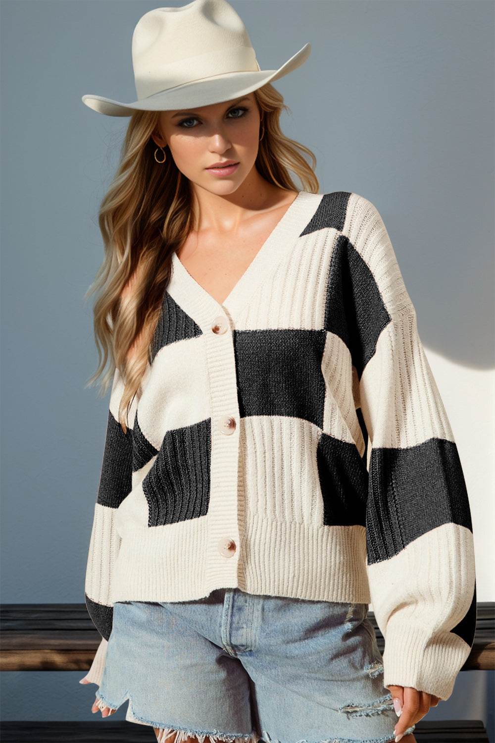 Double Take Full Size Checkered Dropped Shoulder Cardigan - Hovatok