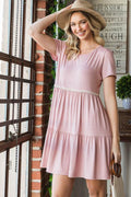 Heimish Full Size Solid Mini Tiered Dress with Pompom Lace Plus Size - Hovatok