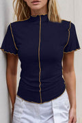 Basic Bae Contrast Trim Mock Neck Short Sleeve T-Shirt - Hovatok