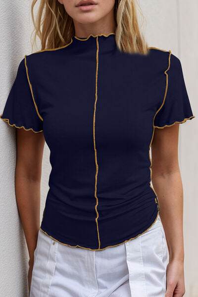 Basic Bae Contrast Trim Mock Neck Short Sleeve T-Shirt - Hovatok