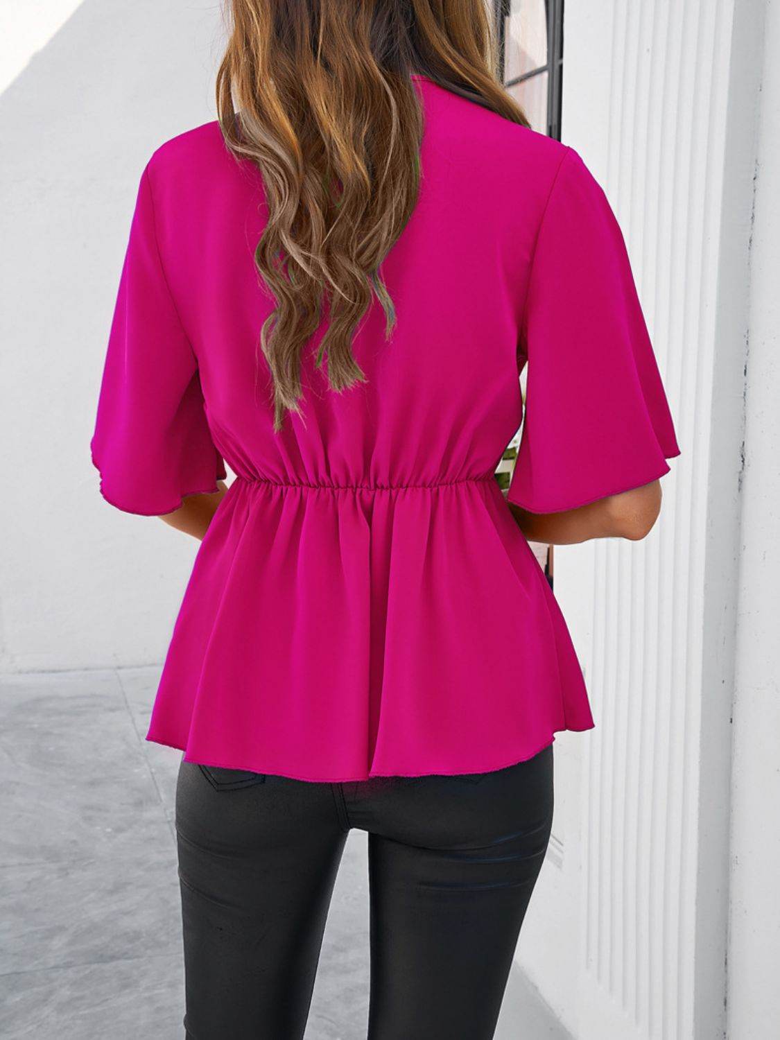 Devine Tied Front Peplum Blouse - Hovatok