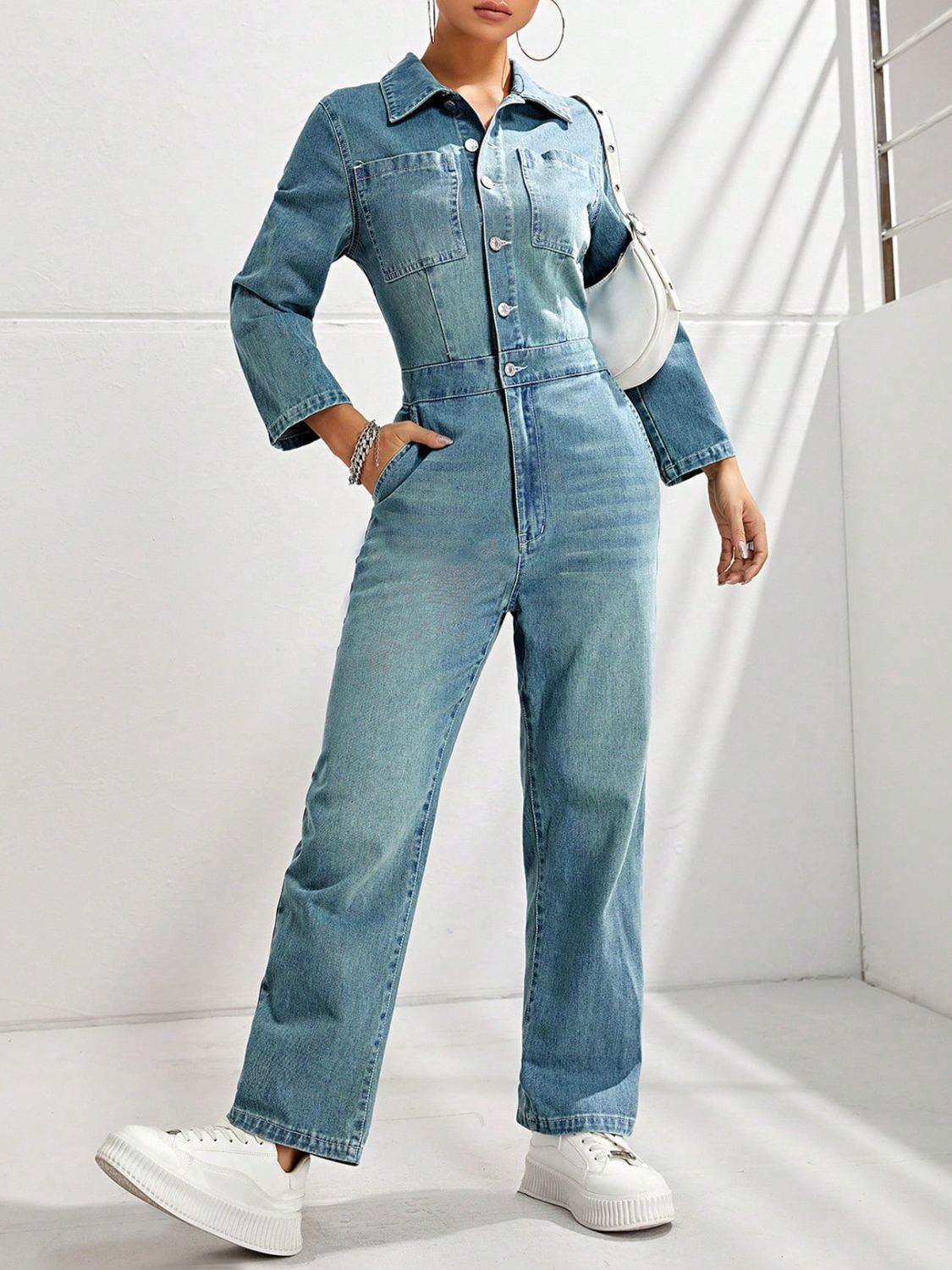 Half Button Long Sleeve Straight Leg Denim Jumpsuit - Hovatok