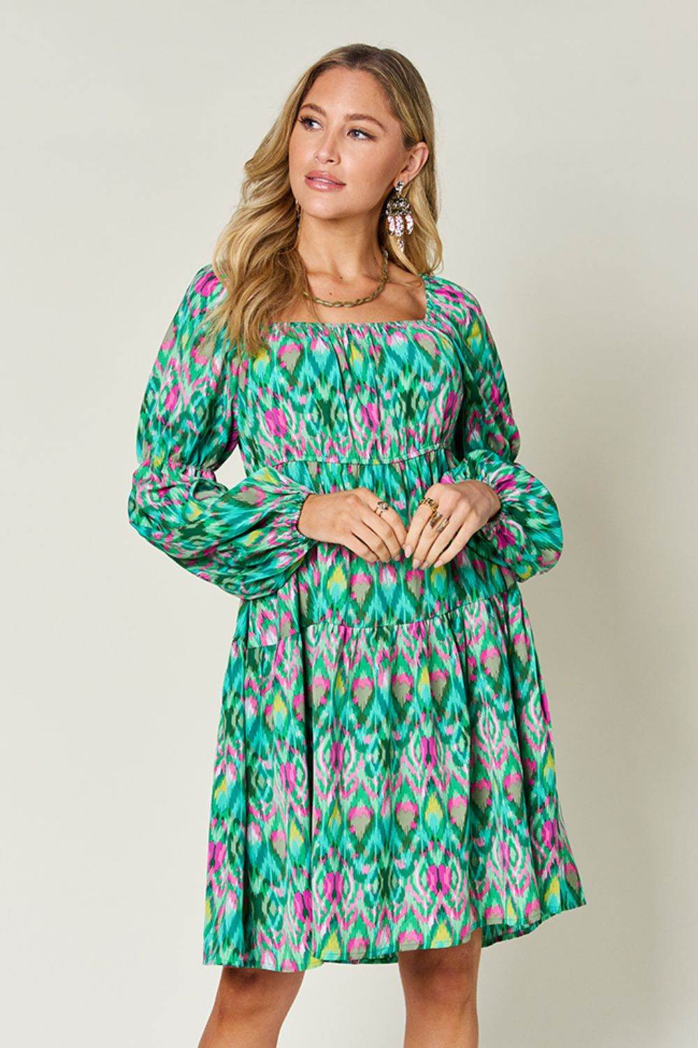 Double Take Full Size Printed Long Sleeve Dress - Hovatok