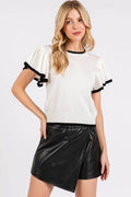 Mittoshop Contrast Trim Ruffled Cap Sleeve Knit Top - Hovatok