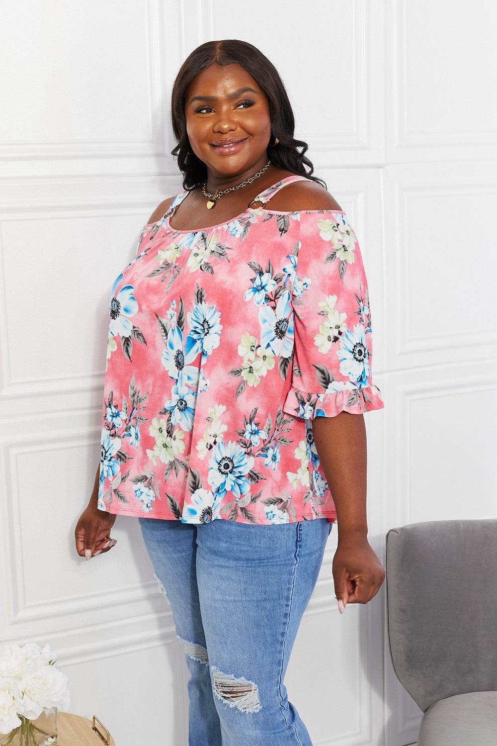 Sew In Love Full Size Fresh Take Floral Cold-Shoulder Top - Hovatok