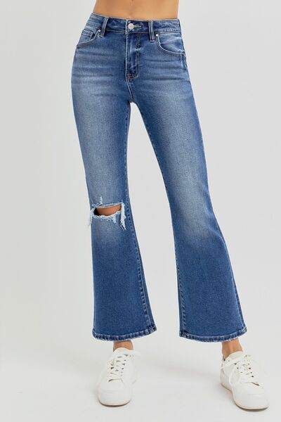 RISEN Full Size Distressed High Rise Crop Flare Jeans - Hovatok