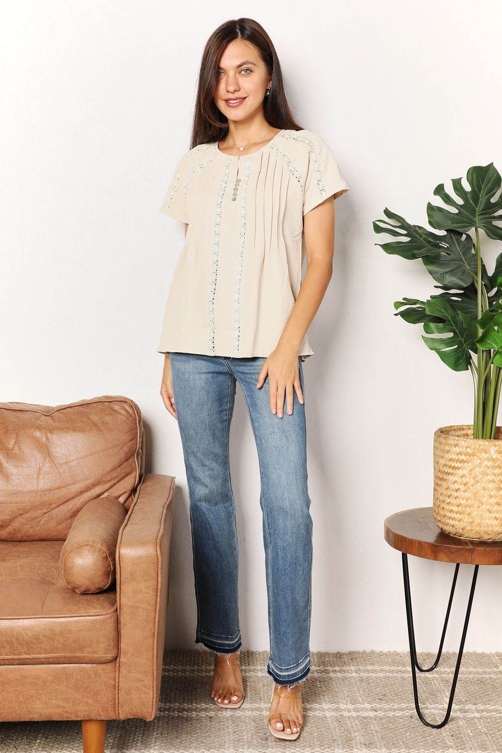 Double Take Crochet Buttoned Short Sleeves Top - Hovatok