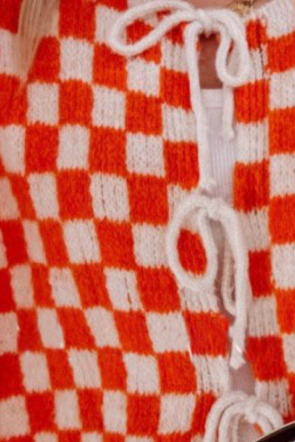 Double Take Tied Checkered Dropped Shoulder Flounce Sleeve Cardigan - Hovatok