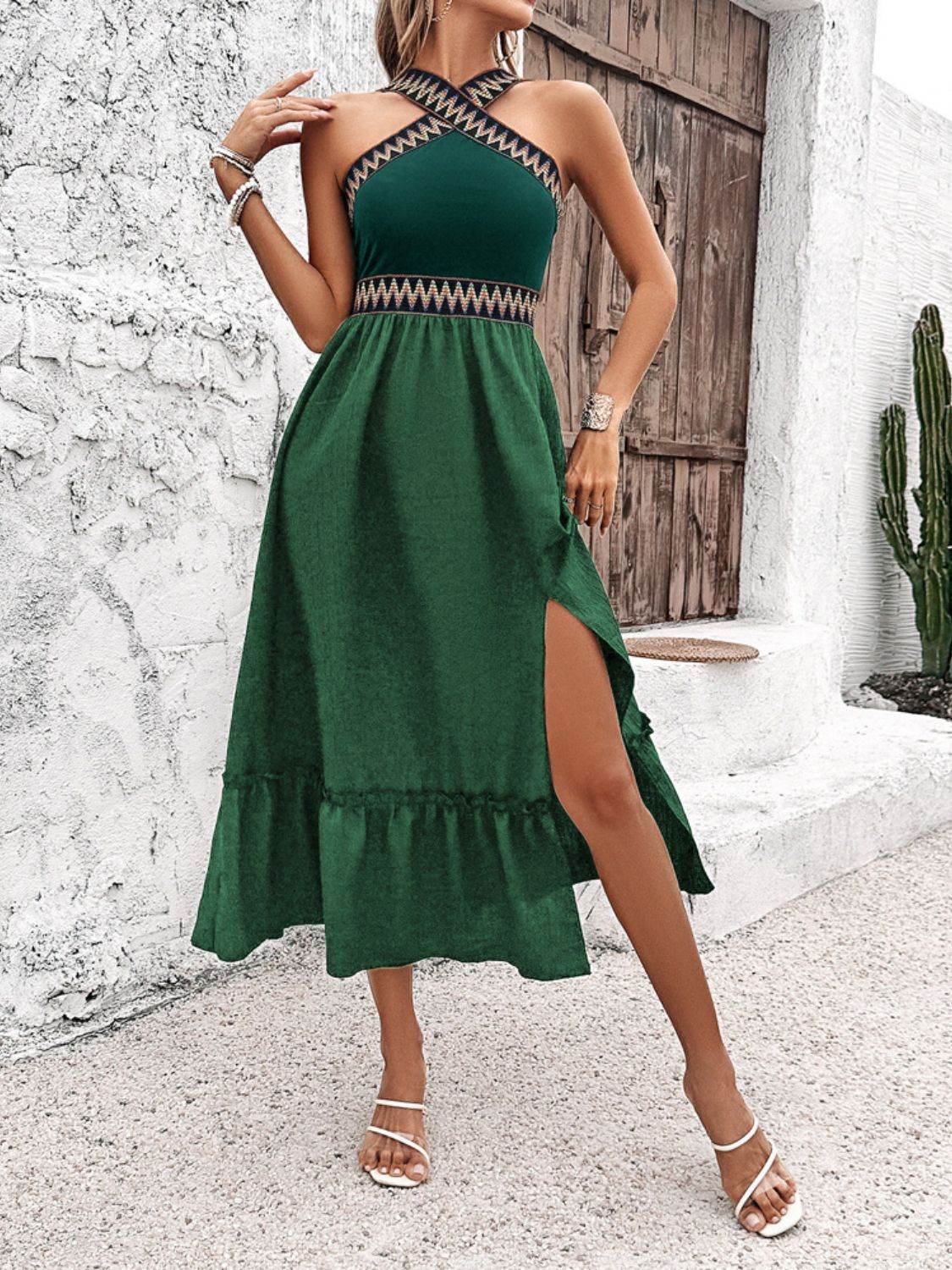Devine Ruffled Slit Sleeveless Midi Dress - Hovatok