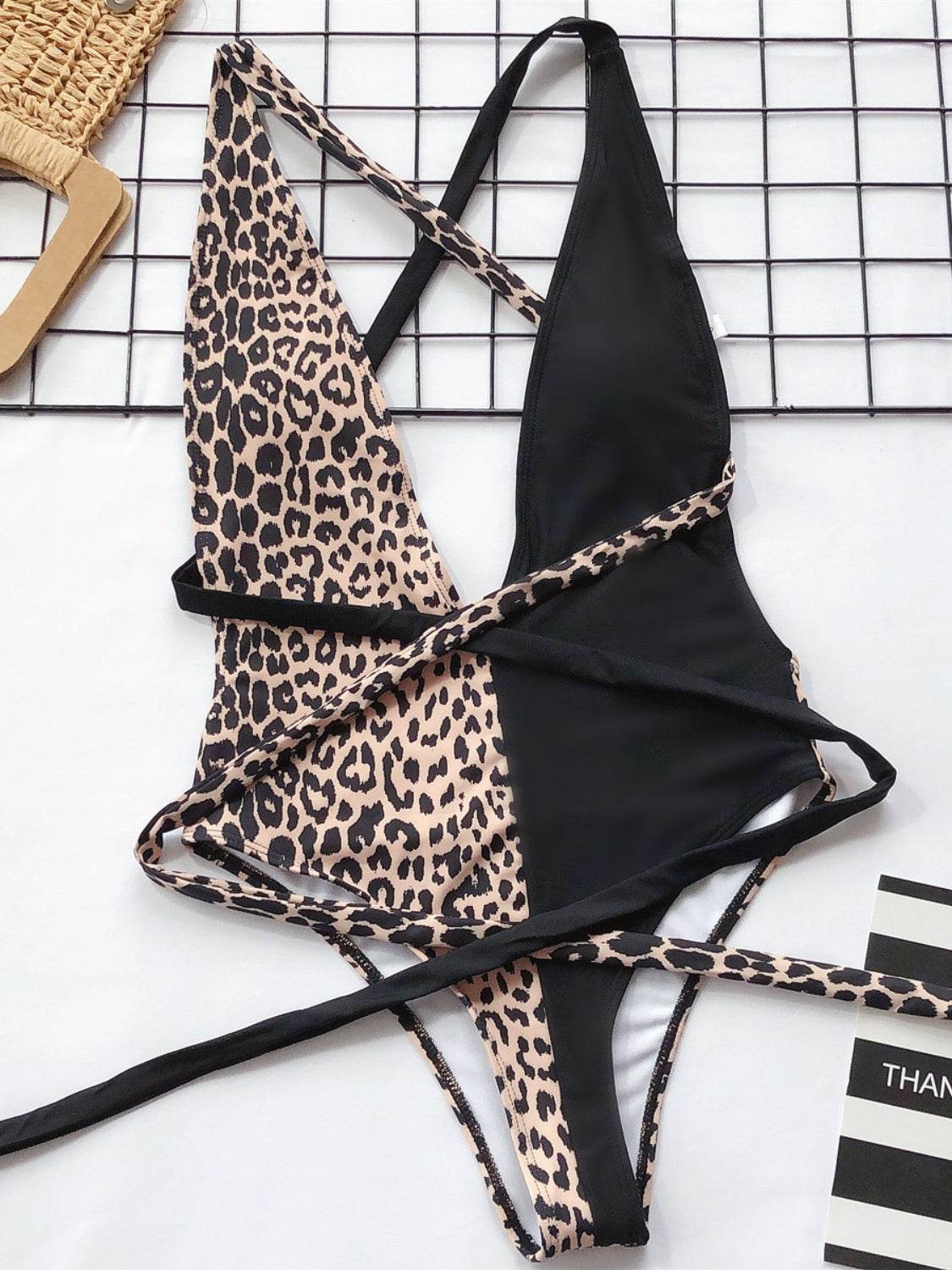 Tied Leopard Plunge One-Piece Swimwear - Hovatok