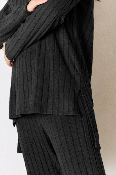 Basic Bae Full Size Ribbed Round Neck High-Low Slit Top and Pants Set - Hovatok