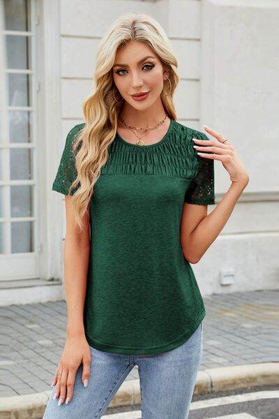 Smocked Round Neck Short Sleeve T-Shirt - Hovatok