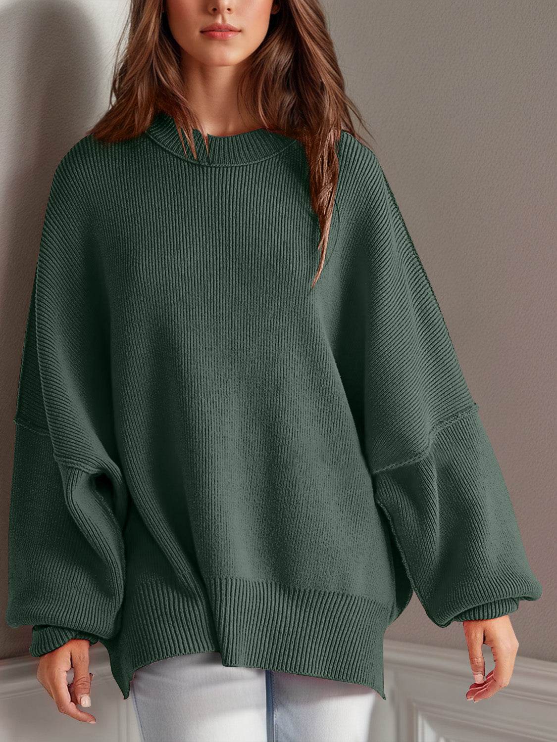 Double Take Side Slit Round Neck Long Sleeve Sweater - Hovatok