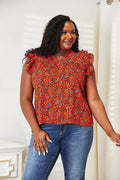 Double Take Floral Flutter Sleeve Notched Neck Blouse - Hovatok