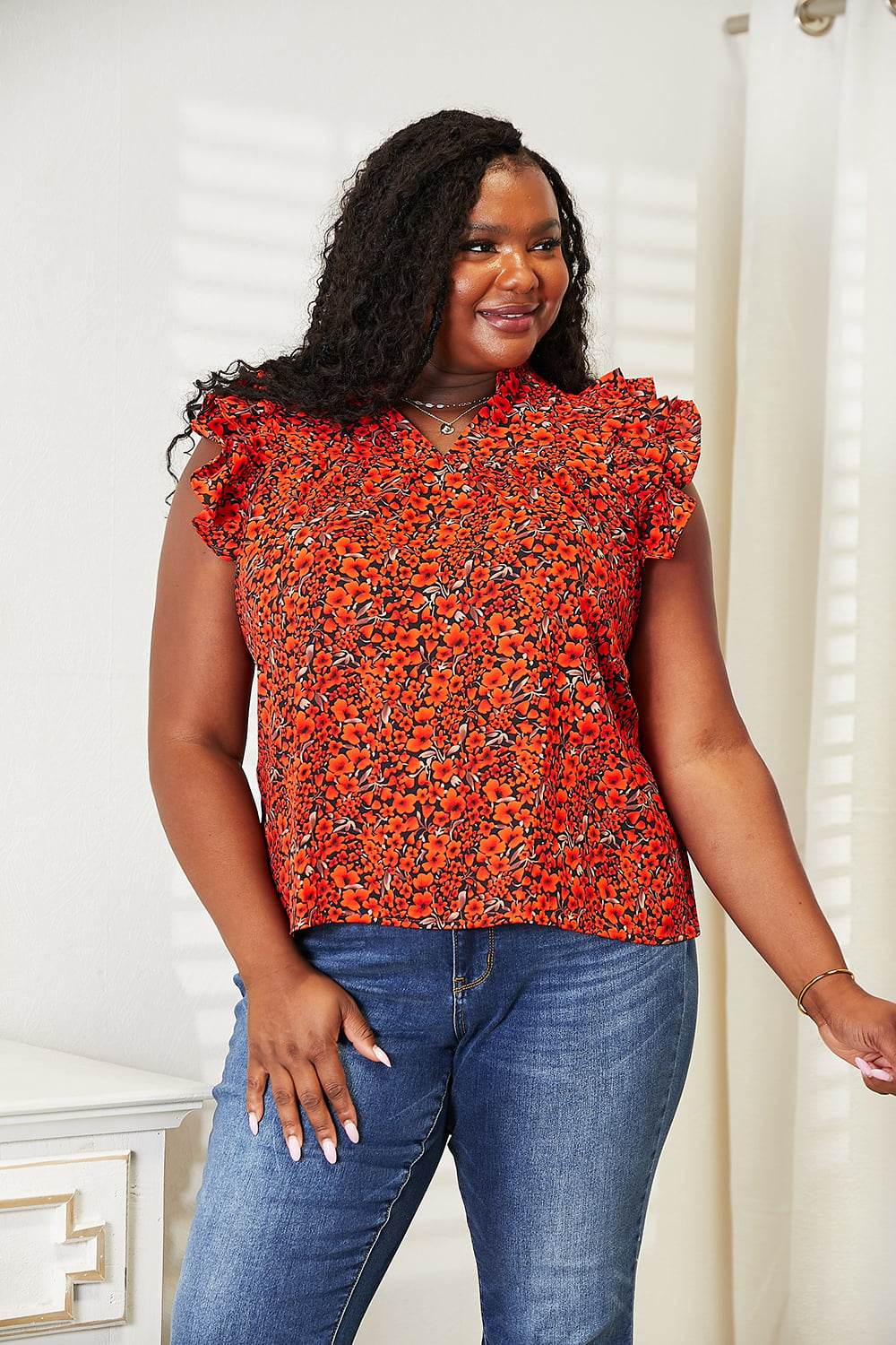 Double Take Floral Flutter Sleeve Notched Neck Blouse - Hovatok