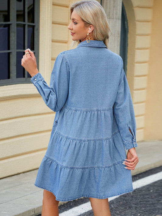 Tiered Button Up Long Sleeve Denim Dress - Hovatok