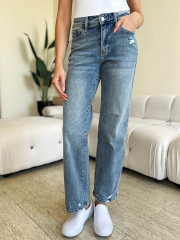 Judy Blue Full Size Mid Rise Distressed Straight Jeans - Hovatok