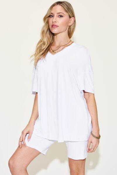 Basic Bae Full Size V-Neck Drop Shoulder T-Shirt and Shorts Set - Hovatok