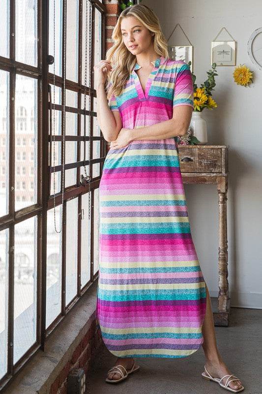 Heimish Full Size Striped Short Sleeve Maxi Tee Dress Plus Size - Hovatok