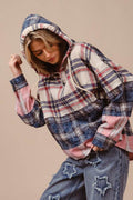 BiBi Drawstring Plaid Drop Shoulder Hoodie - Hovatok