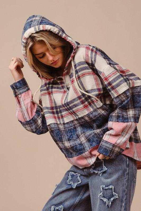BiBi Drawstring Plaid Drop Shoulder Hoodie - Hovatok