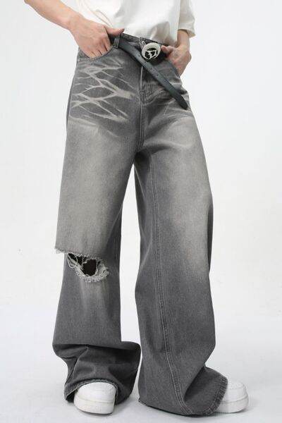 Distressed Wide Leg Jeans with Pockets - Hovatok