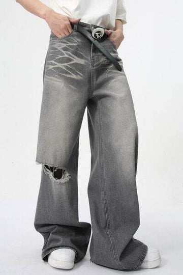 Distressed Wide Leg Jeans with Pockets - Hovatok