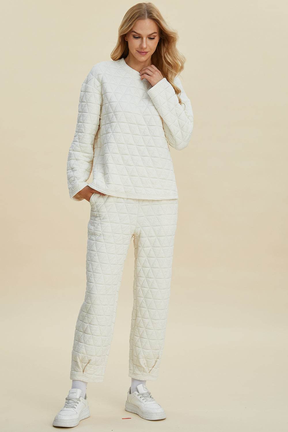 Double Take Full Size Texture Round Neck Long Sleeve Top and Pants Set - Hovatok