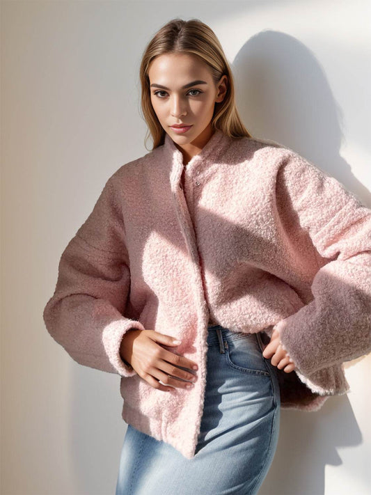Double Take Plush Mock Neck Snap Down Jacket with Pockets - Hovatok