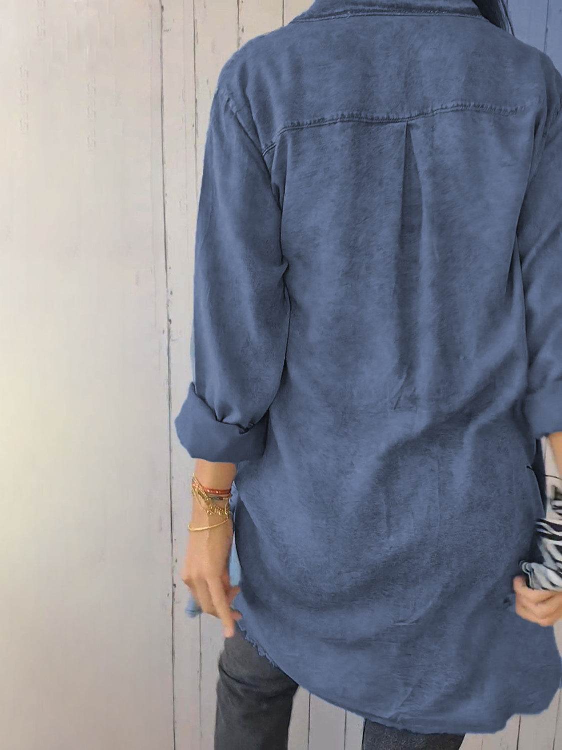 Full Size Raw Hem Button Up Long Sleeve Denim Top Plus Size - Hovatok