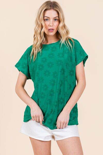 BOMBOM Textured Floral Pattern Short Sleeve T-Shirt - Hovatok