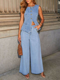 Button Down Vest and Wide Leg Jeans Denim Set - Hovatok