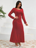 Ruched Round Neck Long Sleeve Dress - Hovatok