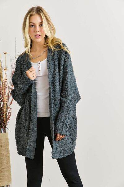ADORA Popcorn Knit Open Front Long Sleeve Cardigan - Hovatok