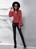 Plaid V-Neck Balloon Sleeve Peplum Blouse - Hovatok