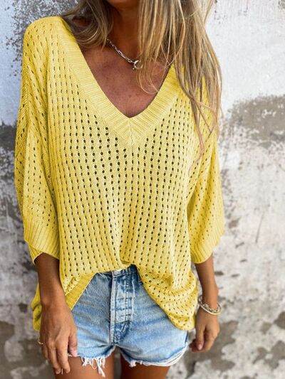 Full Size Openwork V-Neck Knit Cover Up Plus Size - Hovatok