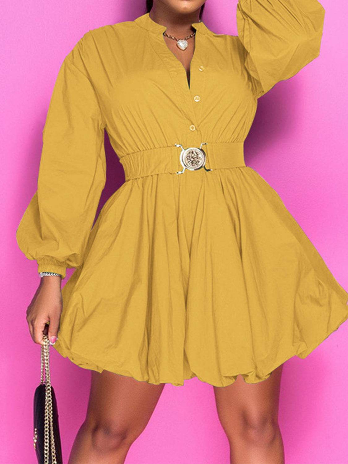 Notched Button Up Balloon Sleeves Dress - Hovatok