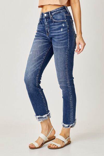 Risen Full Size High-Rise Frayed Cuffed Straight Jeans - Hovatok