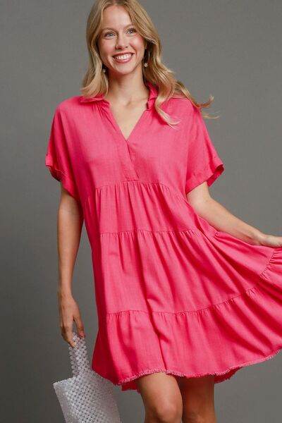 Umgee Full Size Raw Hem Folded Sleeve Tiered Dress Plus Size - Hovatok
