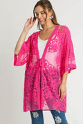 Umgee Full Size Floral Lace Open Front Kimono Sleevee Cover Up with Waist Tie Plus Size - Hovatok