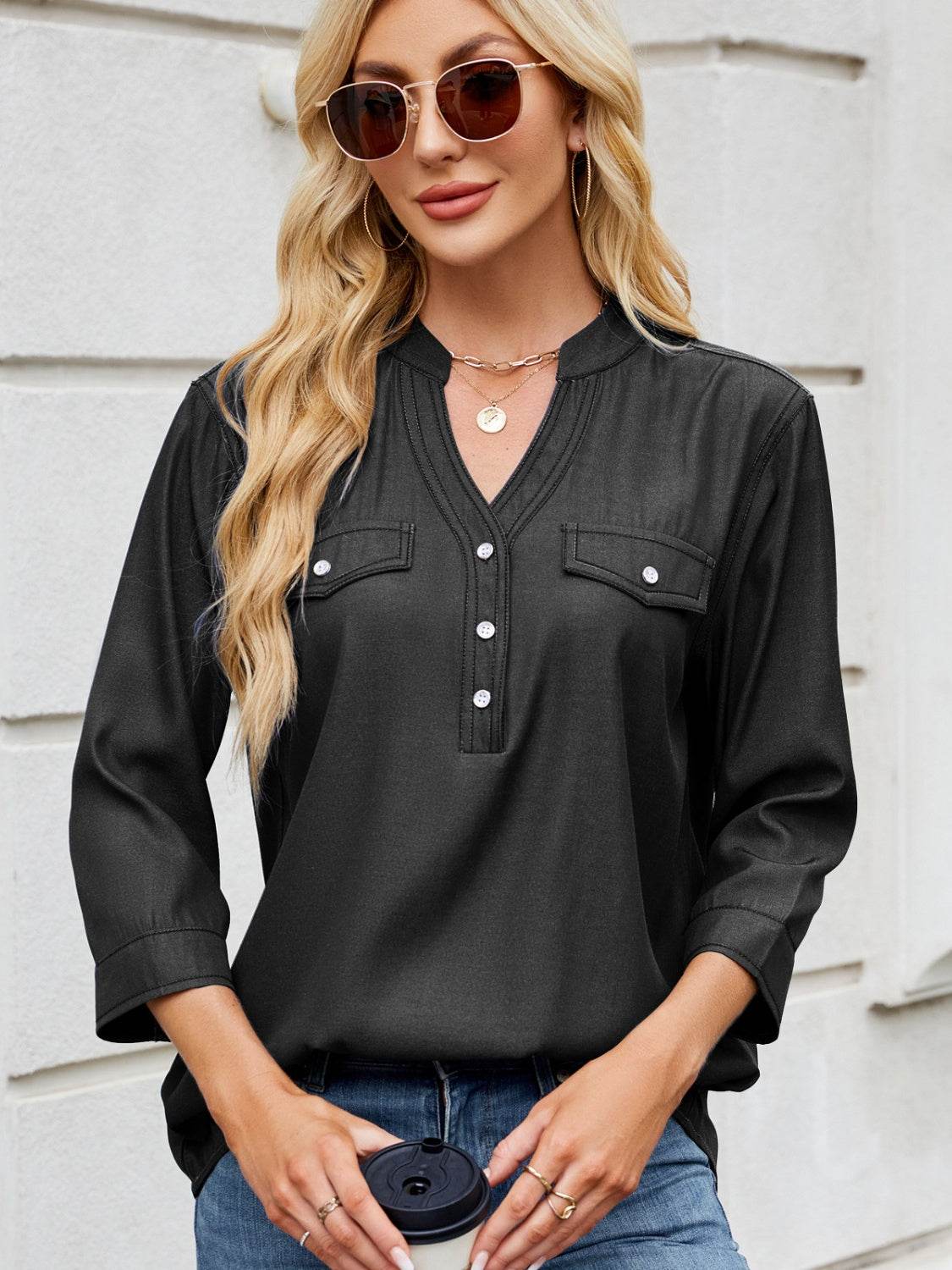 Notched Three-Quarter Sleeve Denim Top - Hovatok
