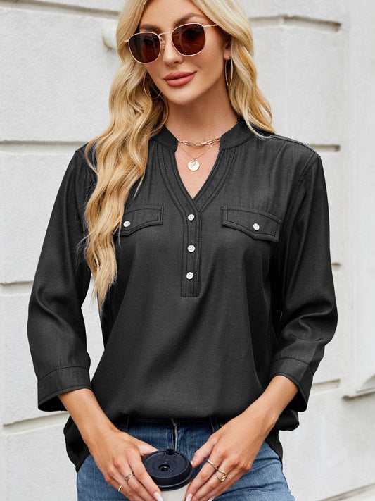 Notched Three-Quarter Sleeve Denim Top - Hovatok